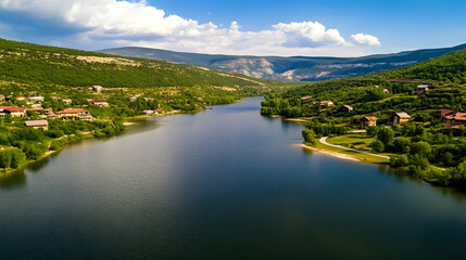 Serene lake reflects clouds, villas dot shore, hills rise in background, ideal for vacation brochures, nature blogs, landscape illustrations