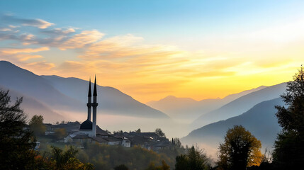 Serene town mosque at sunrise nestled in mountains for cultural showcase, travel promotion or spiritual backgrounds