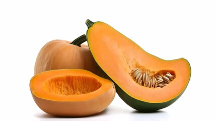 Sliced pumpkin on white, for recipes, illustrating healthy eating, halloween ideas. Background plain