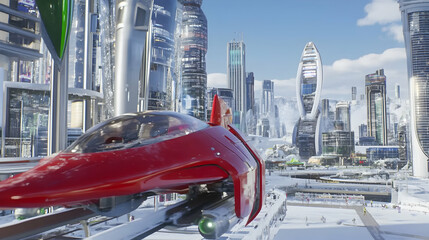 Sleek futuristic transportation pod rides through a city built on snow-capped mountains. For architecture and travel projects