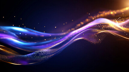 Fototapeta premium Flowing abstract blue and purple waves with gold accents, bathed in neon light, creating a dynamic and colorful background for creative design projects.