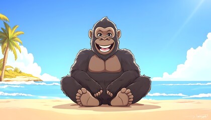 Happy Gorilla Relaxing On A Tropical Beach