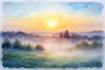 Serene sunrise landscape, soft watercolor style, misty hills, vibrant colors, peaceful nature scene, tranquil atmosphere.