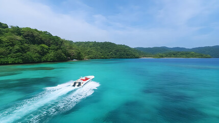 Speedboat races on crystal water, surrounded by green islands, conveying adventure and ideal for tourism ads