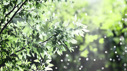 Sunlit leaves of a tree, gently swaying in a forest; natural green background suggests peaceful meditation