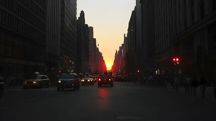 Sunset traffic in Manhattan. Vehicles and silhouettes of people are visible; cityscape as background. Stock photo for a travel blog