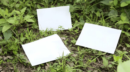 Three blank sheets on grass.  Documents for message, notice, marketing. Nature background. Mockup.  Easy to add information