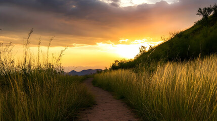 Trail walk to hill peak under setting sun. Rural scene for outdoor recreation, adventure, travel, or environmental concept