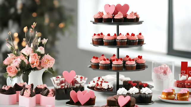 Tiered display of heart-decorated cupcakes, roses & sweets ready for a Valentine's party or bake sale, indoor setting, window background