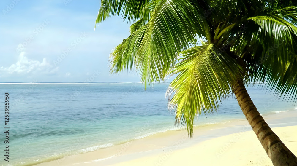 Wall mural Tropical beach scene Palm tree on a sandy shore, ocean waves in the background, perfect for travel brochures or vacation ads