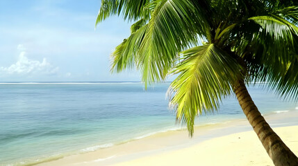 Fototapeta premium Tropical beach scene Palm tree on a sandy shore, ocean waves in the background, perfect for travel brochures or vacation ads