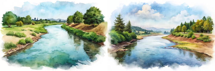 Serene river landscape, watercolor painting, lush greenery, tranquil waters, natural scenery, artistic depiction, peaceful environment.