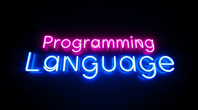Programming Languages and High-Tech Development, coding, software development, neon sign, futuristic tech, programming concepts, JavaScript, Python, Java, C++, HTML, CSS, coding background.