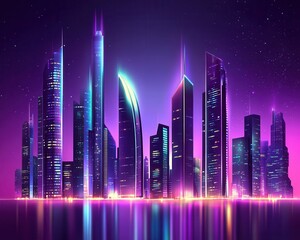 Neon Cityscape at Night Reflecting in Water