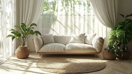 Fototapeta premium Serene Living Room With Natural Decor And Sunlight