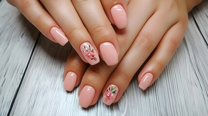 Woman's manicure with floral design on peach nails against gray wood background for beauty blog or advertising