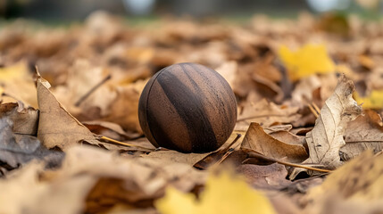 Wood sphere on autumn leaves. A gift or decoration in a park. Nature background, seasonal, fall, creative use for designs