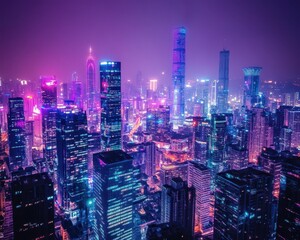 Obraz premium Nighttime Cityscape Illuminated Skyscrapers Glowing Lights