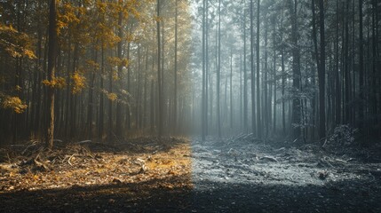 Fototapeta premium Autumn forest fire contrast, smoky path, environmental damage, nature duality, design use