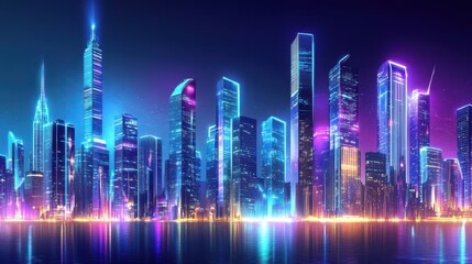 Obraz premium Neon Cityscape Illuminated At Night Over Water
