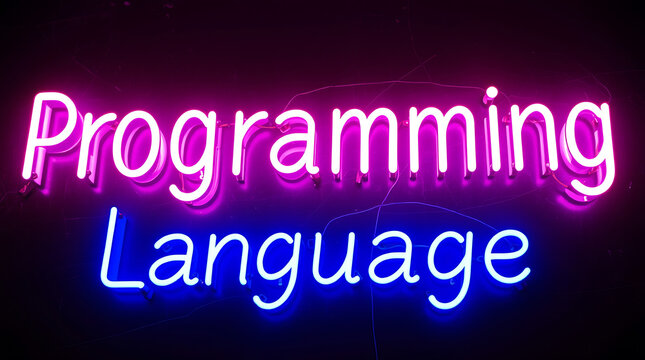 Programming Languages and High-Tech Development, coding, software development, neon sign, futuristic tech, programming concepts, JavaScript, Python, Java, C++, HTML, CSS, coding background.