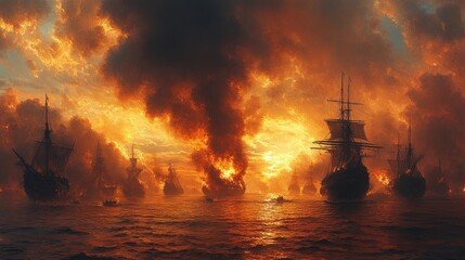 A dramatic seascape depicting a fleet of sailing ships silhouetted against a fiery sunset.