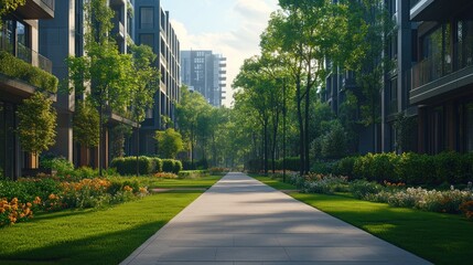 Green pathway between modern apartments, urban landscape, sunlight