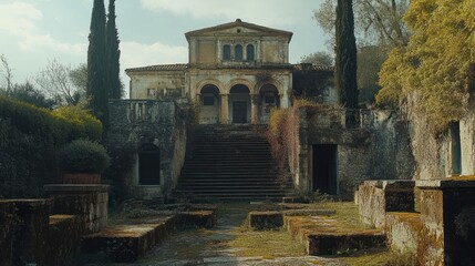 Ruined villa, overgrown garden, staircase, Italy, film location