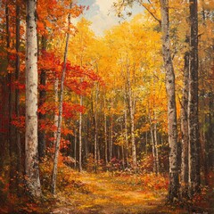 Obraz premium Autumnal forest path, vibrant foliage, sunlit woods, fall landscape, nature print