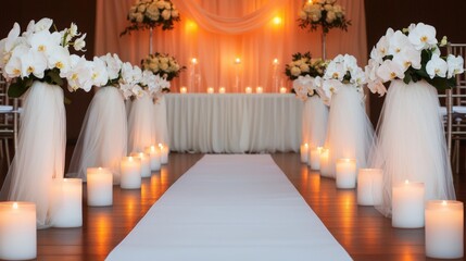 Fototapeta premium Wedding Runner Draped and Altar, A romantic wedding aisle adorned with elegant flowers and candles, creating a dreamy ambiance for the ceremony.