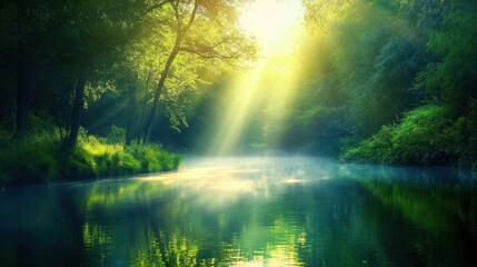 Fototapeta premium Sunbeams illuminate misty river in lush forest; tranquil nature scene