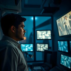 Hombre hispano mirando cctv