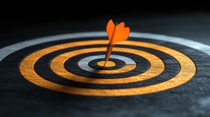 Orange dart hitting the bullseye of a target.