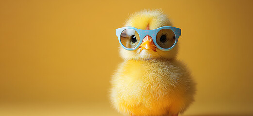 funny baby chicken wearing blue sunglasses, smooth yellow background for text