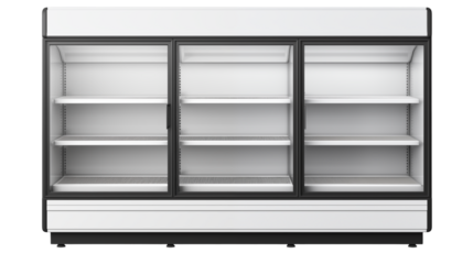 Modern Commercial Refrigeration Display Case for Grocery Stores with Empty Shelves Ready for Stocking Products