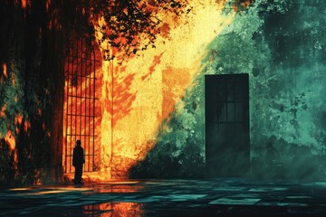 Obraz premium Man contemplates fiery gate, mystical forest, choice, fantasy art, game design