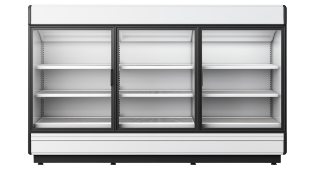Modern Commercial Refrigeration Display Case for Grocery Stores with Empty Shelves Ready for Stocking Products