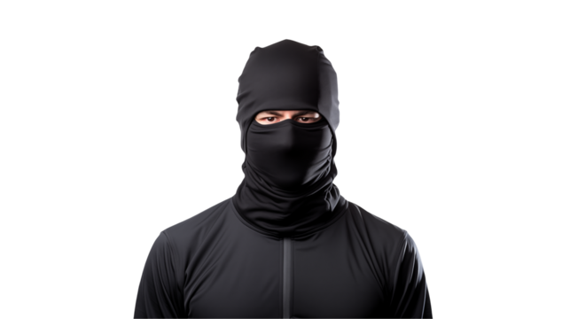 Mysterious figure in black balaclava showcasing stealth and intrigue for creative projects or action themes