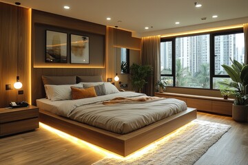 Fototapeta premium Modern Minimalist Bedroom Design With Wooden Accents