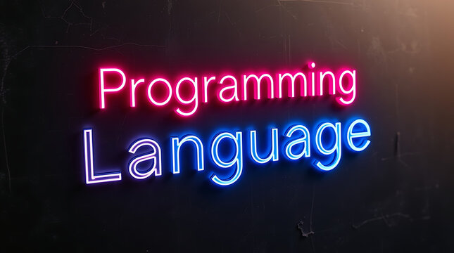 Programming Languages and High-Tech Development, coding, software development, neon sign, futuristic tech, programming concepts, JavaScript, Python, Java, C++, HTML, CSS, coding background.