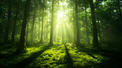 Obraz premium Sunbeams Illuminating a Lush Green Forest
