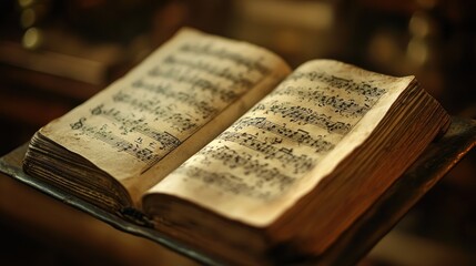 Obraz premium Antique music book open on a stand.