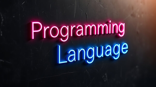 Programming Languages and High-Tech Development, coding, software development, neon sign, futuristic tech, programming concepts, JavaScript, Python, Java, C++, HTML, CSS, coding background.