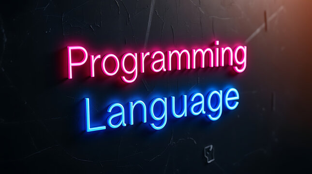 Programming Languages and High-Tech Development, coding, software development, neon sign, futuristic tech, programming concepts, JavaScript, Python, Java, C++, HTML, CSS, coding background.