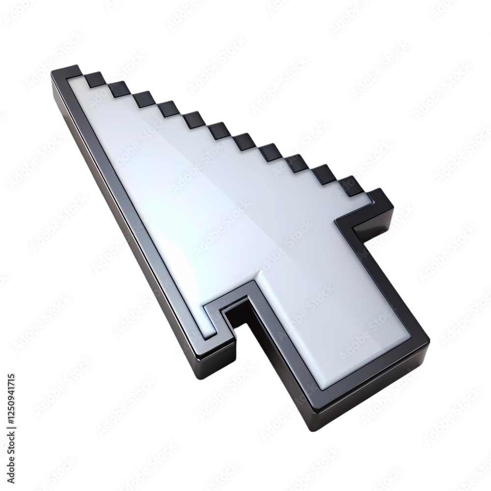 Poster stylish 3d render of a retro pixelated cursor arrow icon web gui grey sign on transparent background