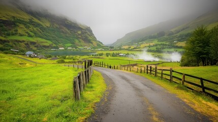 Icelandic valley road, misty mountains, farm, waterfall background, travel
