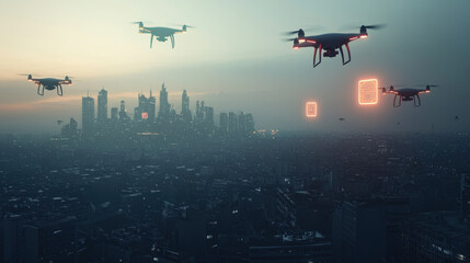 Fototapeta premium Drones_fly_above_a_misty_city_at_dawn,_some_carrying_glowing_displays.