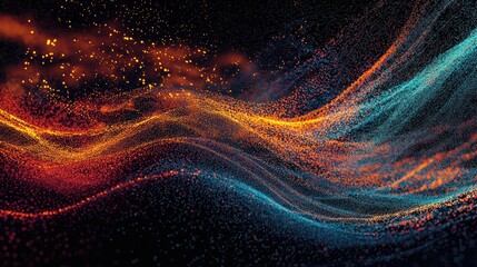 Abstract digital waves, fiery orange and teal particles, dark background, tech presentation