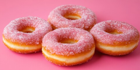 Classic pink frosted donuts arranged on a bright pink background inviting sweet enjoyment