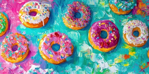 Colorful donuts arranged on a vibrant background with sprinkles, showcasing sweet treats in an artistic style